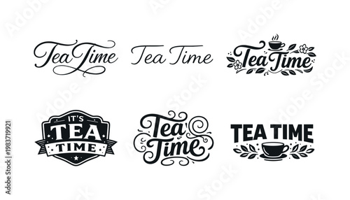 Tea Time. Set lettering. harmonious lettering variations of the same emblematic concept, each with different artistic interpretation (Elegant script with