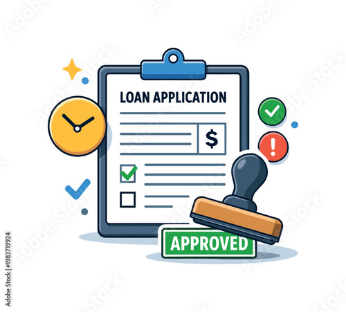 Financial approval workflow focused on careful review and authorization. A composed editorial-style illustration combining a loan form, approval stamp and