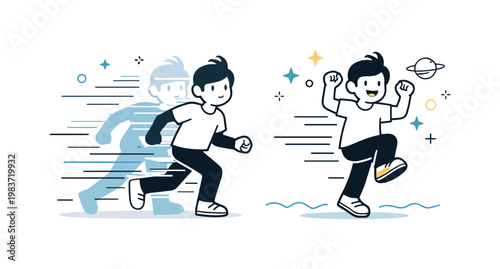 Quantum jump. A playful scene of a character instantly shifting position with duplicated silhouettes and motion lines, capturing speed and transformation.