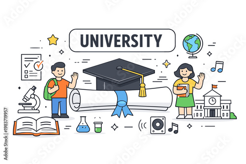 Higher Education Outline Icons. University, students, campus life, graduation, scholarship, science, lectures, and academic study. minimalist editorial vector