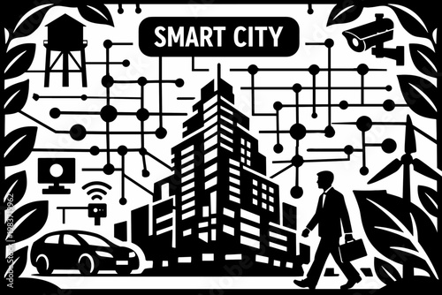 Smart City Network. Clean solid/filled composition of a smart city scene with one commuter, oversized skyscraper and digital network grid as dominant objects,