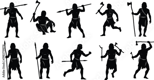Prehistoric silhouettes, primitive weapon figures, early human hunters, tribal warrior icons, survival combat art, ancient lifestyle illustration concept