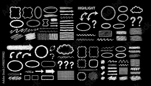 Hand drawn chalk and charcoal marks. Rough strokes and scribbles with grunge pastel pencil texture. White underline doodles and sketchy brush bar elements