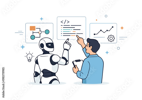 AI and robotics integration. A robot and a researcher standing side by side, reviewing transparent interface panels with diagrams and code. Feeling of trust,