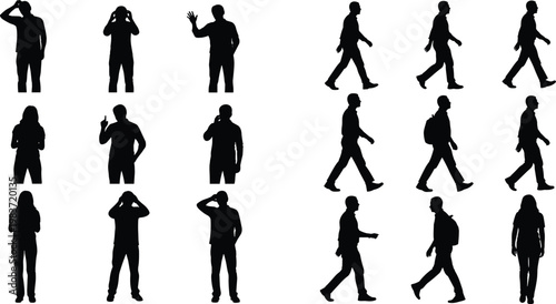 Standing silhouettes, walking gesture figures, casual posture icons, everyday lifestyle art, human motion design, expressive stance illustration concept