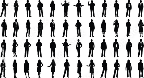 Standing silhouettes, walking posture figures, gesture icons, casual stance art, business attire illustration, body language concept