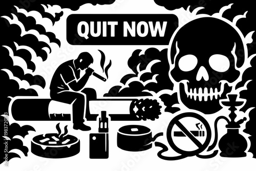 Smoking Habit Risks. Clean solid/filled composition of a smoking risk scene with one person, oversized cigarette and skull warning as dominant objects, small