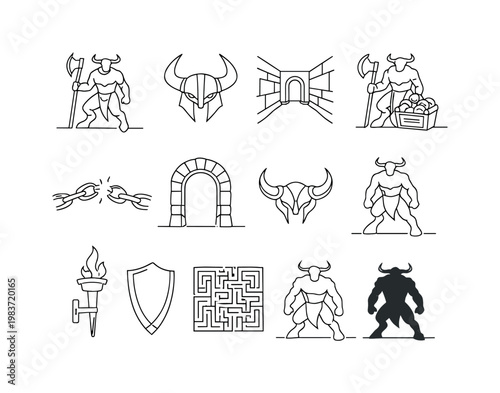 Fantasy Bull Warrior. Minimalistic set one-line drawing horned warrior figure, minotaur with battle axe, minotaur helmet detail, labyrinth corridor, minotaur