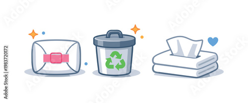 Discreet disposal practices illustrated through a wrapped used pad, a small bin symbol, and clean tissue details that communicate respectful and hygienic