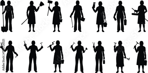 Cleaning worker silhouettes, people with tools, household chores art, gardening maintenance, manual labor figures, domestic work illustration design