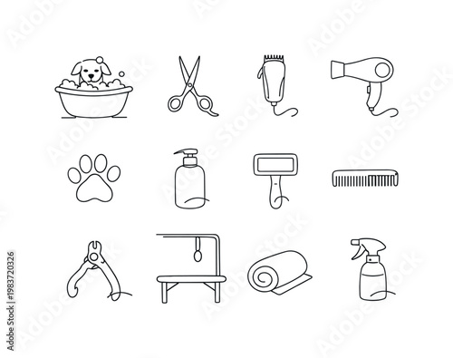 Pet Grooming. Minimalistic set one-line drawing dog in bathtub, grooming scissors, electric clipper, hair dryer blower, paw print icon, shampoo bottle,