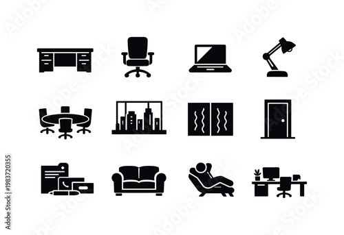 Executive Suite. Solid icon set of Executive Suite: executive desk, office chair, work laptop, desk lamp, meeting table, city skyline view, soundproof walls,