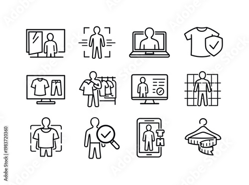 Virtual Fitting Rooms. Line icon set of Virtual Fitting Rooms: virtual mirror, body scan silhouette, digital avatar, size recommendation, outfit preview, try
