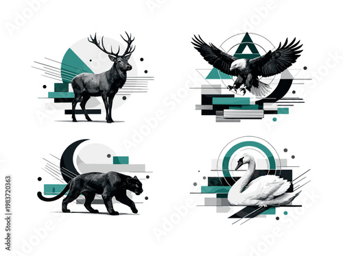 Retro surreal animals, constructed with radial geometry, floating cylinders, minimal linework, and abstract collage forms, monochrome animal figures with
