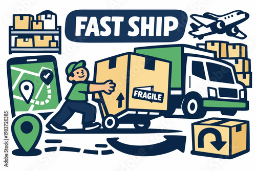 Delivery Logistics Series flat vector digital illustration, doodle flat, thick outline, expressive characters, simple shapes, playful proportions, exaggerated