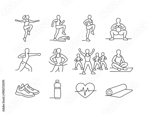 Cardio Dance Workout. Minimalistic set one-line drawing dancer mid jump, aerobic step move, knee lift pose, squat position, arm punch forward, twist exercise,