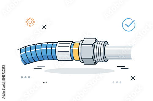 Flexible hose connection. A clean editorial close-up of a flexible hose connected to a pipe fitting, sense of reliability and proper installation, calm