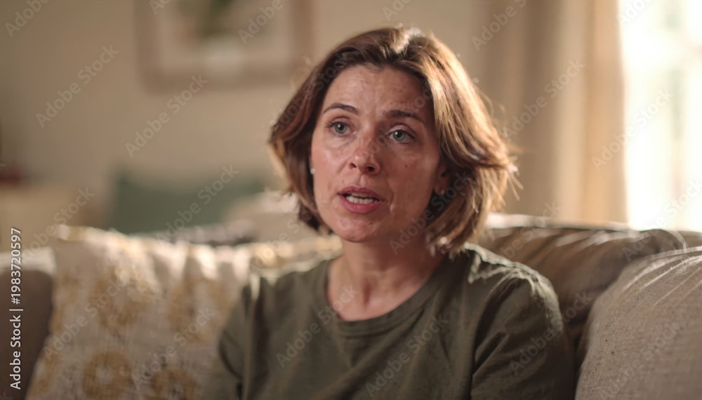 Obraz premium Natural home setting interview captured in a medium shot handheld camera effect with warm light softly blurring furniture and decor behind the speaker for a genuine feel.
