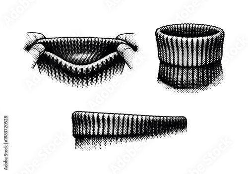 Sock cuff detail, a realistic sock cuff shown stretched open, relaxed, and side profile as three object representations focusing on elastic ribbing and edge