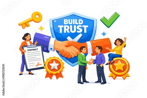 Trust Integrity Network Two partners and client interacting with an oversized handshake and giant trust shield, with contract, key, check mark, and loyalty