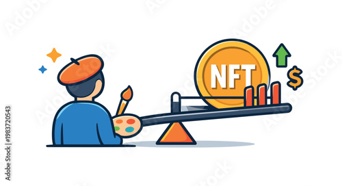 Artist rights versus token sales visualized through a creator figure facing a token icon behind a barrier, communicating imbalance between creative ownership