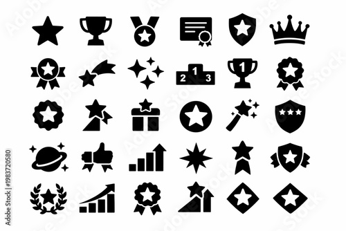 Winning Star Achievement Awards. Solid glyph icon set of stars, awards, and success: star, trophy, medal, certificate, badge, crown, winner ribbon, comet,