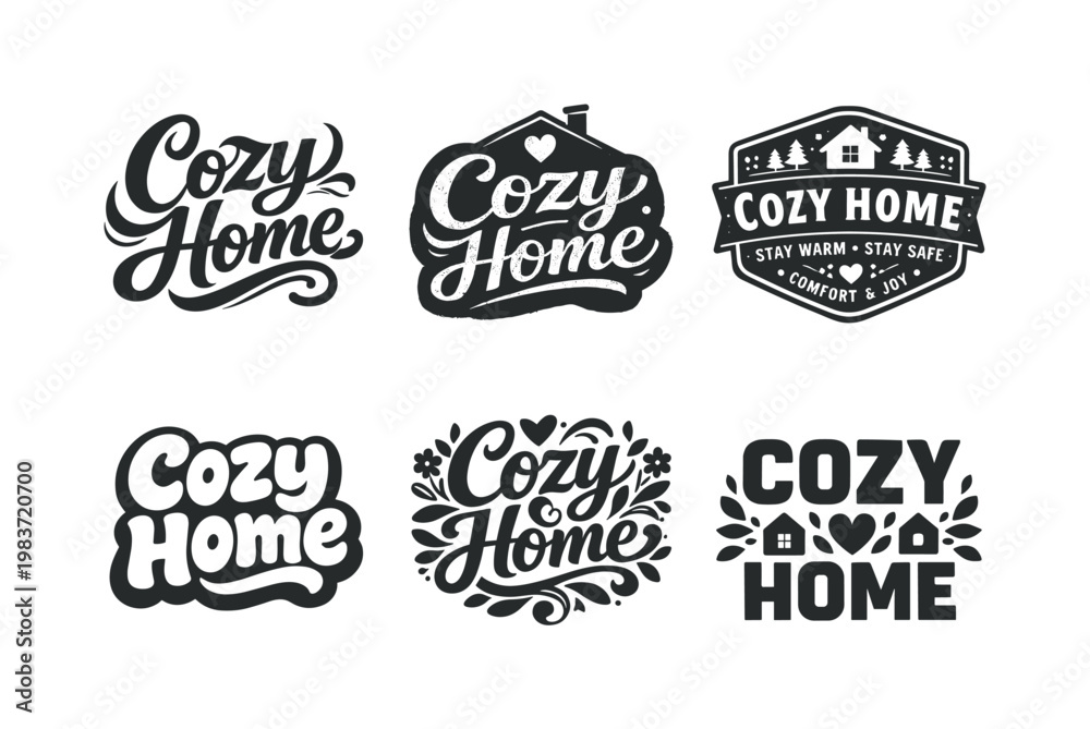 Fototapeta premium Cozy Home. Set lettering. harmonious lettering variations of the same emblematic concept, each with different artistic interpretation (Bold hand-lettering with