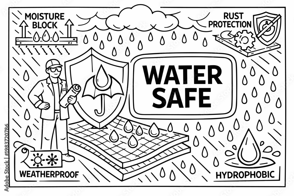 Obraz premium Waterproof Protection Signs. Clean outline line art banner of waterproof material protection with product designer beside oversized shield with water drop and
