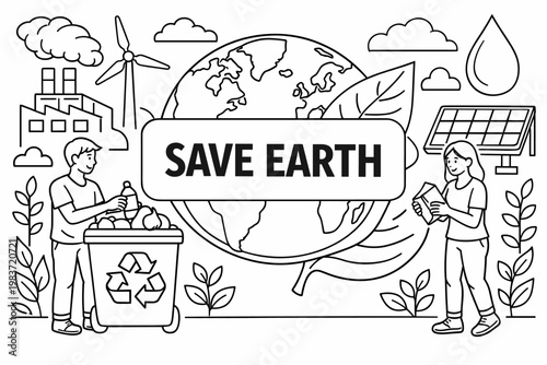 Ecology Environment Care. Clean outline line art banner scene of an eco awareness concept with people recycling, oversized earth globe and leaf as the main