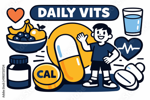 Multivitamin Health Series flat vector digital illustration, doodle flat, thick outline, expressive characters, simple shapes, playful proportions, exaggerated