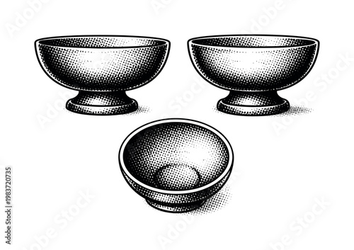 Bowl ? footed bowl with raised base and rounded body, depicted in side profile, frontal view, and top view to clarify structure. Black and white dot style with