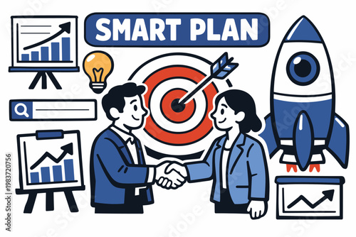 Business Strategy Series flat vector digital illustration, doodle flat, thick outline, expressive characters, simple shapes, playful proportions, exaggerated