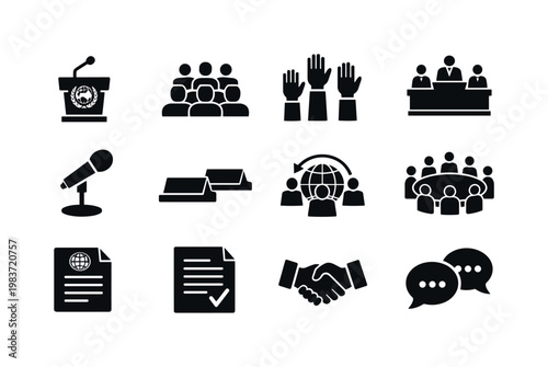 UN General Assembly. Solid icon set of UN General Assembly: assembly hall podium, world delegates, voting hands, international conference, speech microphone,