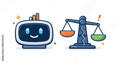 AI screening bias affecting trust in technology illustrated through a smiling AI interface paired with a cracked fairness scale, suggesting tension between
