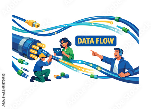 Fiber Optic Network Flow wide horizontal stock banner, two expressive stylized tech engineers and one analyst interacting with oversized glowing fiber optic