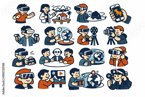 Virtual Reality Stories flat vector digital illustration, doodle flat, thick outline, expressive characters, simple shapes, playful proportions, exaggerated