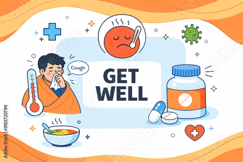 Sickness Symptom Care. Clean editorial banner about illness and home care, one patient holding a tissue beside an oversized thermometer and medicine bottle,