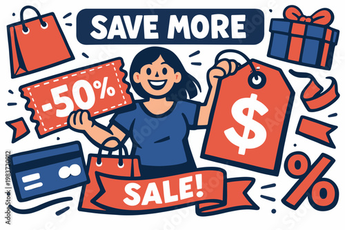 Discount Shopping Series flat vector digital illustration, doodle flat, thick outline, expressive characters, simple shapes, playful proportions, exaggerated