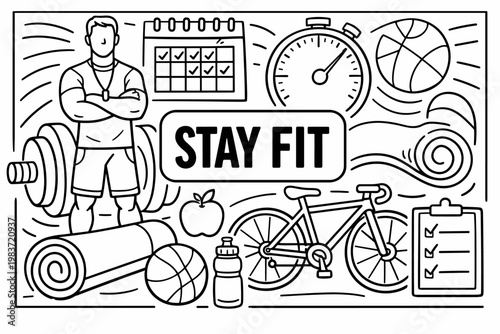 Sport Fitness Wellness. Clean outline line art banner of healthy fitness lifestyle with trainer beside oversized dumbbell and stopwatch, bicycle and water