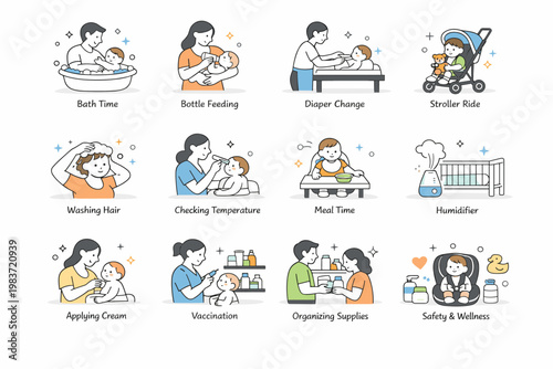 Kids Hygiene Care Icons. Baby hygiene, infant care, bathing, feeding, wellness, medical support, and childcare routines. minimalist editorial vector scenes: a