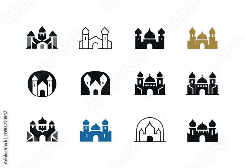 Palace. Icon set. Set Logo of palace: palace towers. harmonious logo variations of the same emblematic concept, each with different artistic interpretation