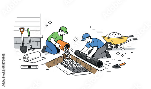 French drain installation. Workers carefully place perforated pipe and gravel in a narrow trench beside a home. The scene feels practical and reassuring, with
