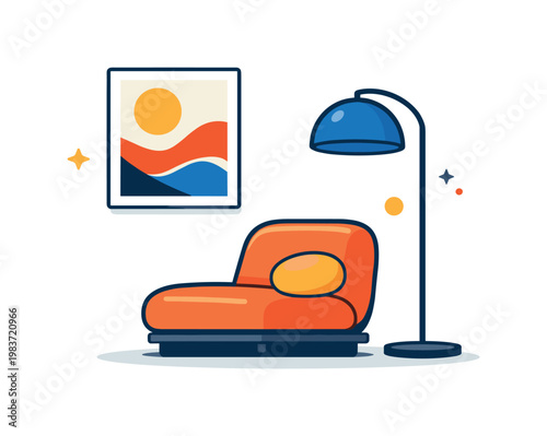 Luxury minimal interior expressing modern comfort, a clean room scene with a low-profile armchair, floor lamp, and abstract wall art forming a cohesive and