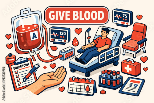 Blood Donation Care Blood Donation Care collection of isometric vector icons showing blood bag, donor hand, hospital bed, transfusion drip, ambulance, clinic