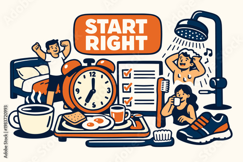 Morning Routine Stories flat vector digital illustration, doodle flat, thick outline, expressive characters, simple shapes, playful proportions, exaggerated