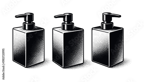 Liquid soap dispenser ? square modern soap dispenser with flat sides sharp edges and minimal pump design presented as one isolated object. Black and white dot