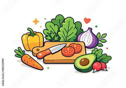Fresh ingredients focuses on colorful produce, leafy greens, and a small cutting board, conveying natural vitality, kitchen confidence, and the appeal of