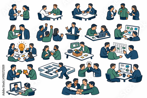 Soft Skill Stories Soft Skill Stories collection of digital illustrations, small readable scenes of colleagues communicating clearly, teams solving conflicts,