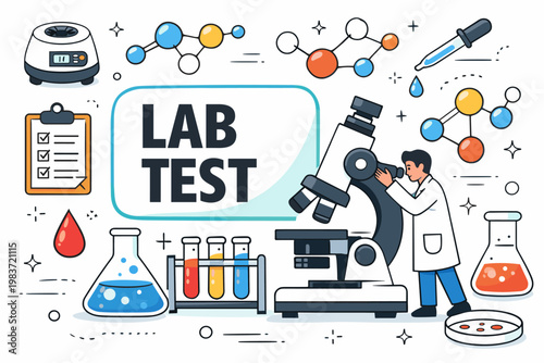 Laboratory Research Tools. Clean editorial banner about science and lab work, one scientist in a lab coat examining an oversized microscope beside a flask and