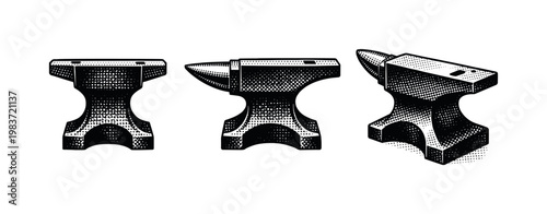 Double horn anvils, symmetrical blacksmith anvil with two opposing horns, central face, and solid waist, shown as the same object in left profile, right